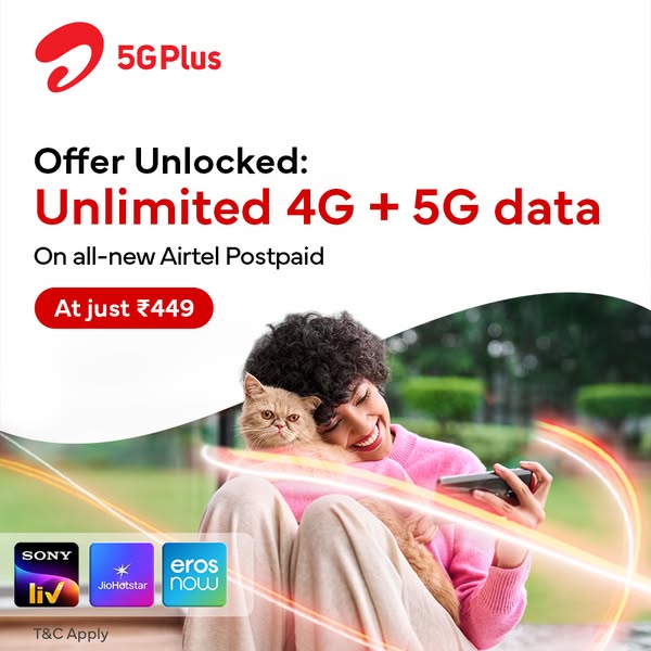 This ad is promoting Airtel Postpaid plans, highlighting unlimited 4G and 5G data at a price of ₹449. The ad features a