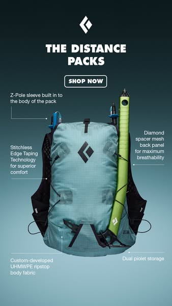 This ad showcases the features of the Black Diamond Distance Packs in a studio product shot.