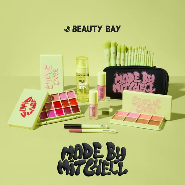 This ad features the Beauty Bay brand and the Made By Mitchell makeup collection. It showcases a variety of makeup produ