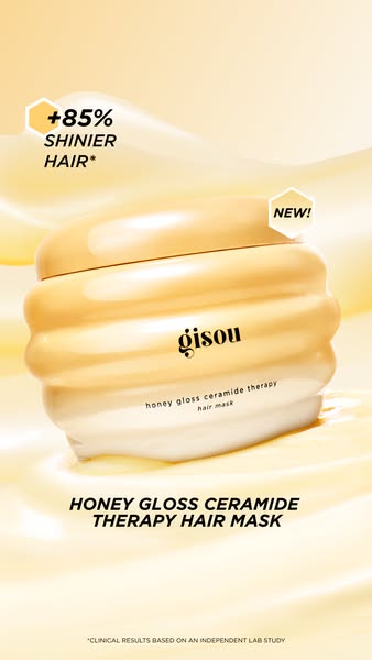 This image ad showcases Gisou's Honey Gloss Ceramide Therapy Hair Mask, highlighting its ability to create shinier h