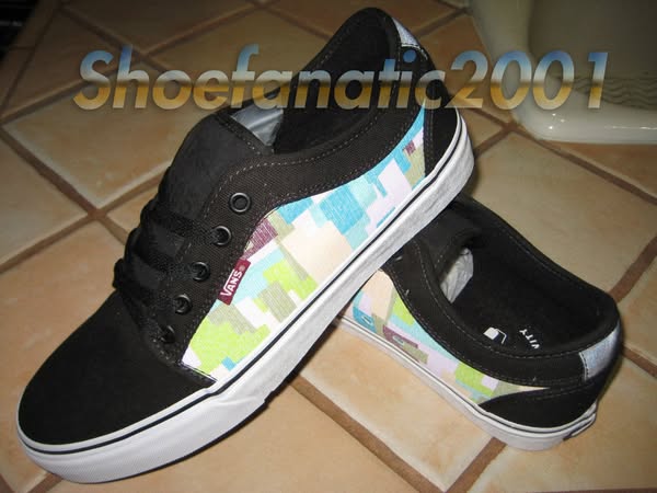 This ad showcases a pair of Vans shoes with a unique geometric pattern. The image focuses on the shoe's design and b