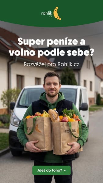 This image ad is targeting delivery drivers to work for Rohlik.cz. It shows a man holding grocery bags in front of his d