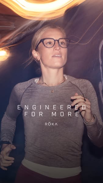 This image ad features a woman in athletic wear and Roka glasses, intended to convey that the brand's eyewear is 