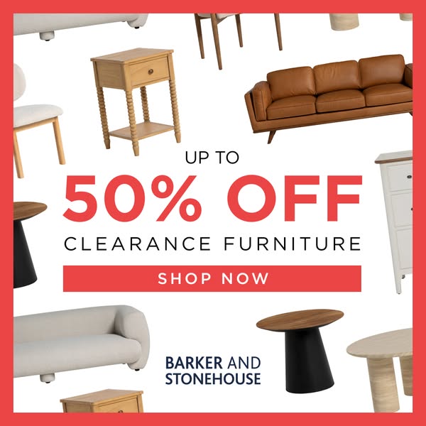 This image ad promotes a clearance sale on furniture from Barker and Stonehouse, offering up to 50% off. The ad features