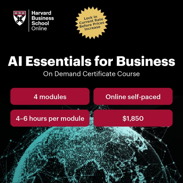 This image promotes the 'AI Essentials for Business' course offered by Harvard Business School Online. It highli