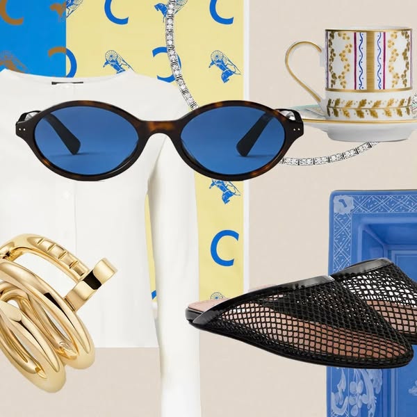The image is a flatlay style ad featuring a variety of accessories and clothing. A pair of sunglasses is centered in the