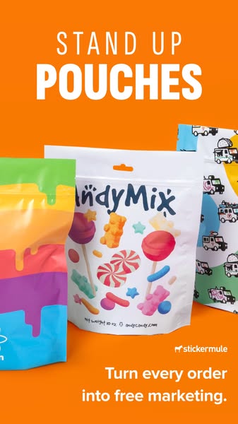 This ad by Sticker Mule promotes their stand up pouches. The ad features three different stand up pouches with different