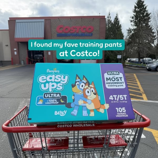 This image ad features a box of Pampers Easy Ups training pants in a shopping cart at Costco. The uploader shares their 