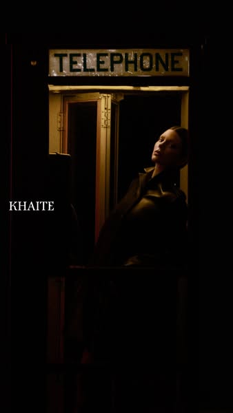 This image promotes Khaite fashion, featuring a model in a telephone booth wearing clothing from the brand.