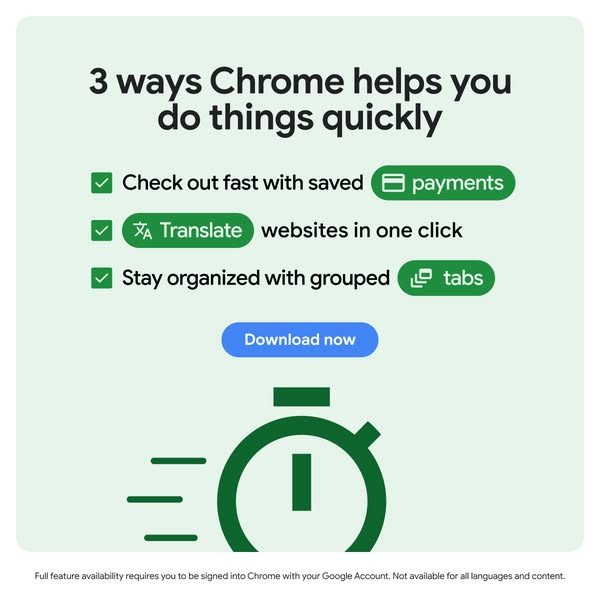The ad illustrates three benefits of using the Chrome browser: fast checkout with saved payments, website translation in