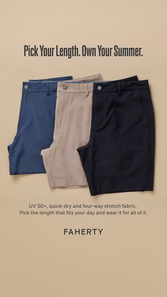 This image ad features three pairs of men's shorts from Faherty, each a different color and length, promoting the br