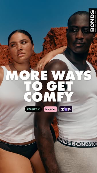 An image ad for Bonds underwear highlighting the comfort of the brand and promoting multiple ways to pay.