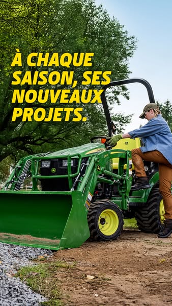 The image ad features a bright green John Deere tractor with the text 'À CHAQUE SAISON, SES NOUVEAUX PROJETS' to