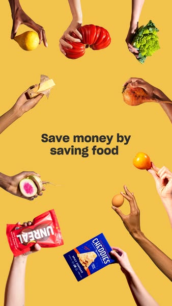 This ad promotes a brand that helps consumers save money by reducing food waste. The image features various food items h