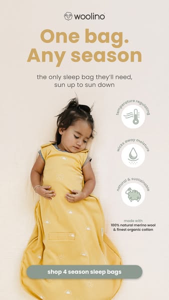 This ad promotes Woolino's 4 season sleep bags, highlighting their temperature regulating, moisture wicking, and sus