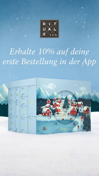 This ad for Rituals promotes a 10% discount on the first order in the app. The ad features an advent calendar with a win