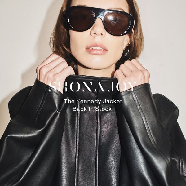 This ad features a woman wearing the Kennedy Jacket, which is 'Back In Stock'.