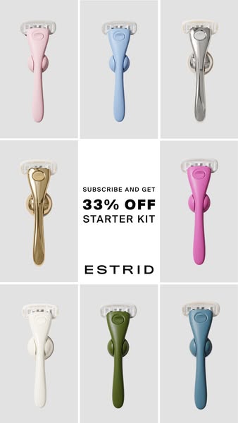 This ad shows the same razor in 7 different colors. The colors are pastel and muted, which is an aesthetic choice. The a