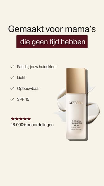 The ad promotes MERODA Changing Foundation SPF 30. It highlights the product's features such as matching skin tone, 