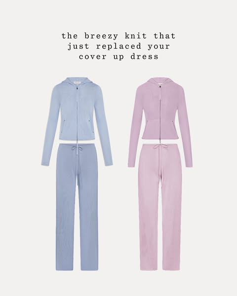 This ad showcases the breezy knit set as a comfortable alternative to a cover-up dress. It features two sets in differen