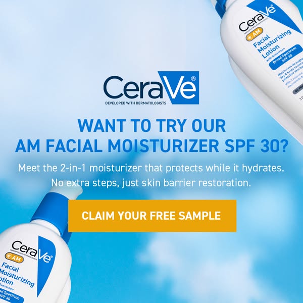 This ad for CeraVe AM Facial Moisturizer SPF 30 encourages users to try a free sample of the product. It highlights the 