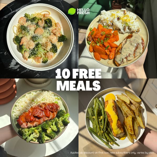 This ad for HelloFresh uses a grid layout to showcase four different meals available through their meal delivery service