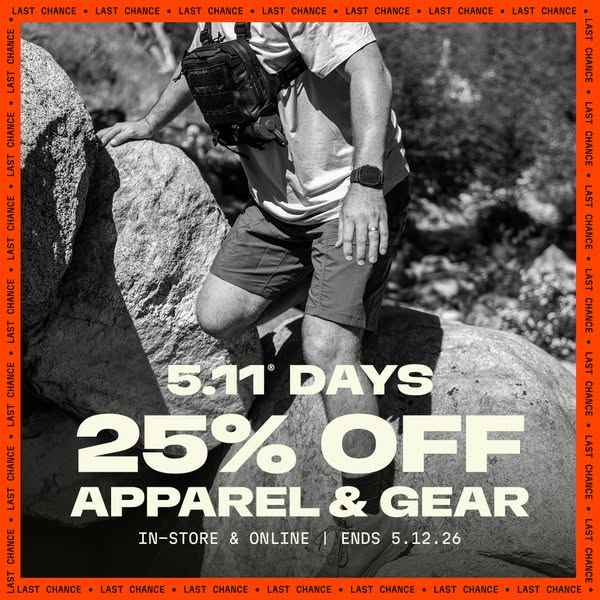 This ad promotes a 25% off sale for apparel and gear from 5.11 Tactical, available in-store and online until May 12, 202