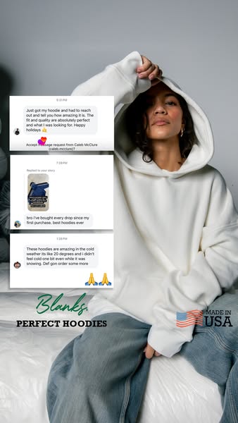 This ad features a series of testimonials praising the comfort, fit, and warmth of the hoodie, combined with a visual of