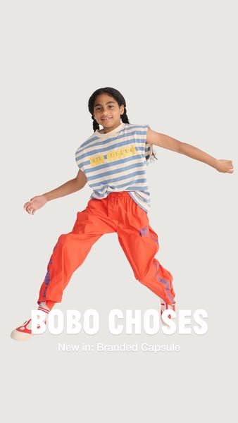 This ad is a product showcase for a new Bobo Choses branded capsule, featuring a young person modeling the products.