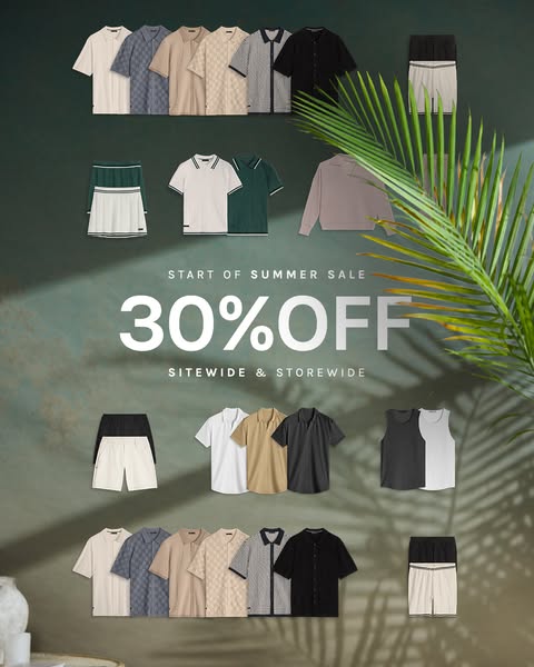 This ad promotes a 'Start of Summer Sale' offering 30% off both sitewide and storewide. It showcases a variety o
