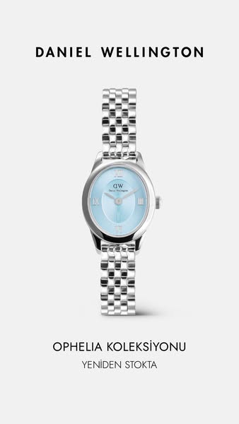 This is a product ad for the Daniel Wellington Ophelia collection watch. The ad features an image of a silver-colored wa