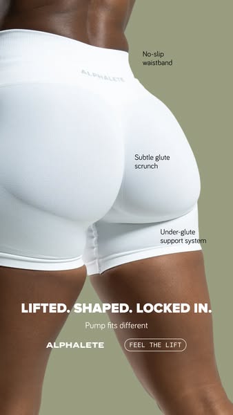 This image ad showcases Alphaland athletic shorts. It uses annotations to highlight features like a 'no-slip waistba
