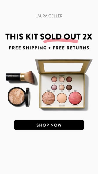 This ad promotes a Laura Geller makeup kit, highlighting its popularity and offering free shipping and returns to encour