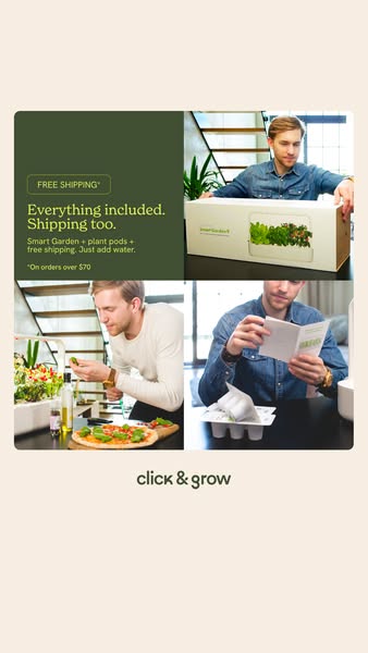 This image ad showcases a home gardening kit called Click & Grow, highlighting the convenience of having everything 