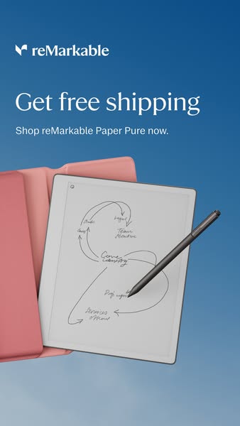 This ad for reMarkable features the tablet and pen to highlight the free shipping offer. A diagram is displayed on the t