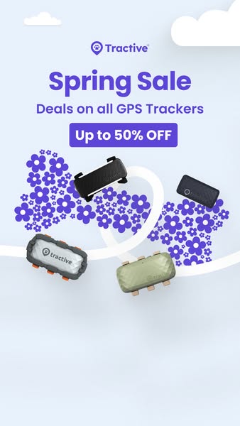 This ad showcases Tractive's GPS trackers for pets, advertising a spring sale with discounts of up to 50% off.