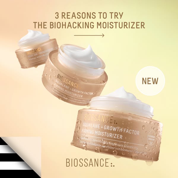This ad is for Biossance Squalane + Growth Factor Firming Moisturizer. The ad visually lists three stacked jars of the m