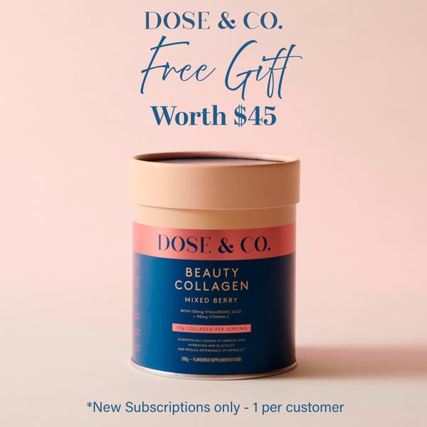 This Dose & Co. ad promotes a free gift with new subscriptions, highlighting the Beauty Collagen Mixed Berry product