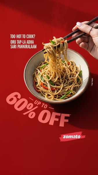 A Zomato image ad promoting up to 60% off, targeting users in areas that speak Tamil, with an image of noodles being eat