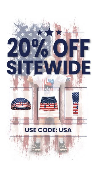This image ad advertises a 20% off sitewide sale from a clothing brand using code USA. The ad utilizes an American flag 