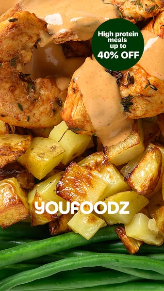 This image ad showcases a high protein meal from Youfoodz, emphasizing a current promotion of up to 40% off. The visual 