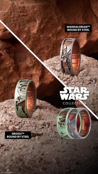 The image promotes the Star Wars collection of Bound by Steel rings from Enso. The advertisement features three rings wi