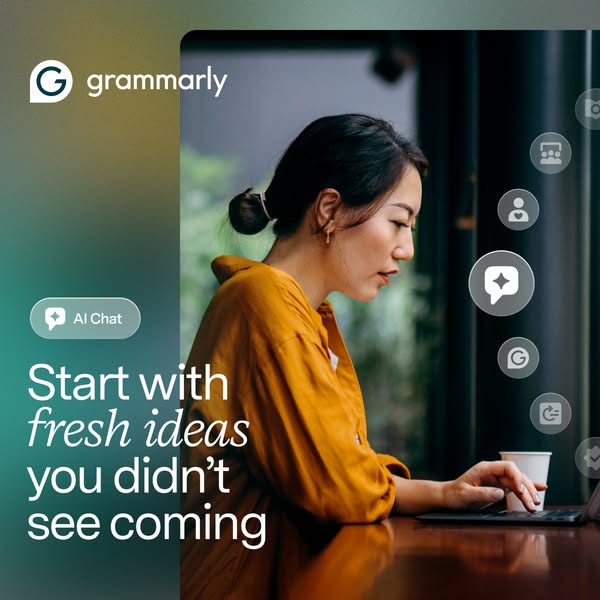 This ad promotes Grammarly's AI chat feature, highlighting its ability to generate fresh ideas. The ad features an i