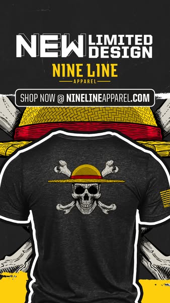 The ad promotes Nine Line Apparel's new limited-edition t-shirt design, featuring a stylized skull wearing Luffy'