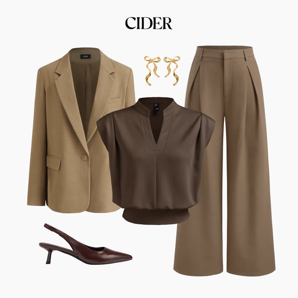 This is a still image that features a neutral and monochromatic office-inspired outfit, all from the brand Cider. The ou