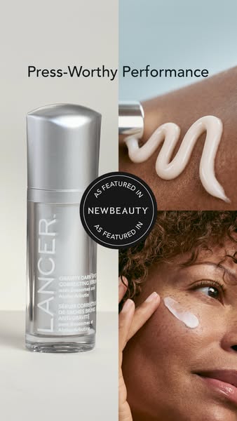 A split-screen image ad featuring Lancer's Gravity Dark Spot Correcting Serum. On the left, the product is shown wit