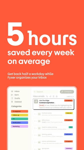Ad for Fyxer email organization app that claims to save users 5 hours per week on average, showing a mockup of the app a
