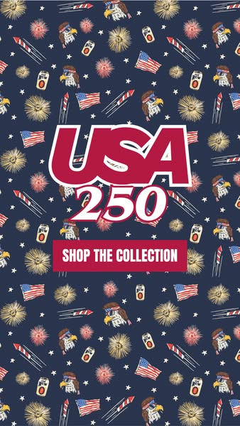 This ad promotes a USA 250 collection with a background pattern of American imagery. The call to action encourages viewe