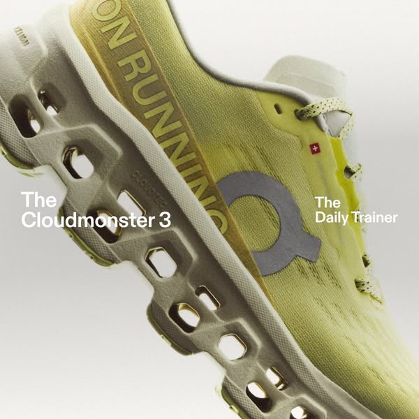 This ad features two On Running shoe models: The Cloudmonster 3 and The Daily Trainer.