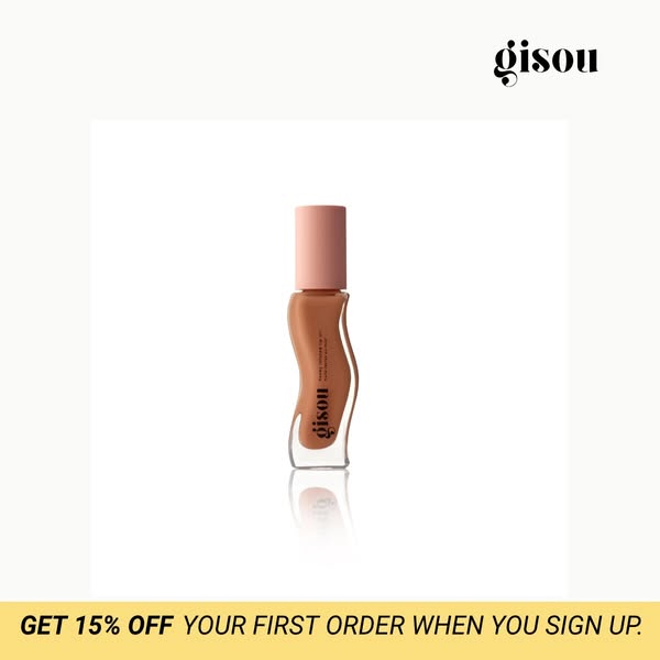 This ad features a single Gisou product against a white background with an offer for 15% off the first order when signin